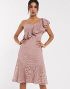 Asos Design One Shoulder Lace Ruffle Midi Dress-neutral