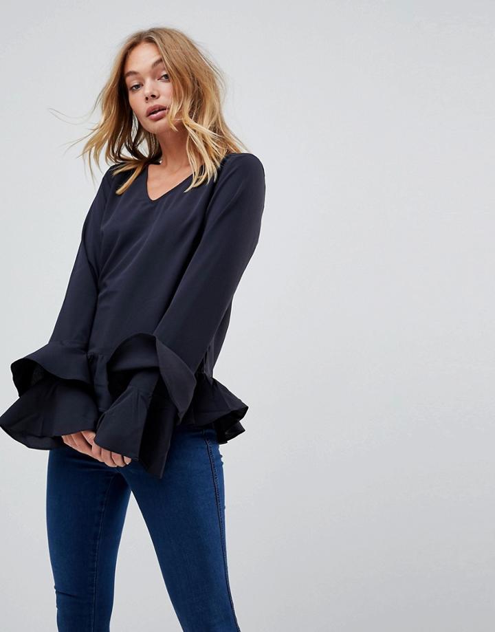 Vila Ruffle Hem Blouse With Tiered Sleeves - Navy