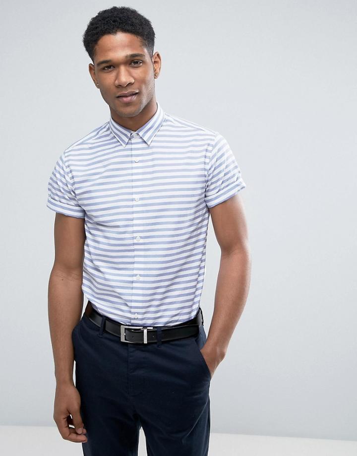 Jack & Jones Premium Slim Short Sleeve Shirt In Stripe - Blue