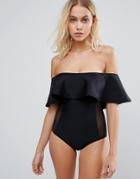 Lost Ink Off Shoulder Ruffle Swimsuit With Lace Insert - Black