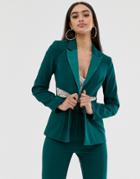 4th & Reckless Satin Trim Blazer With Waist Cutouts In Green