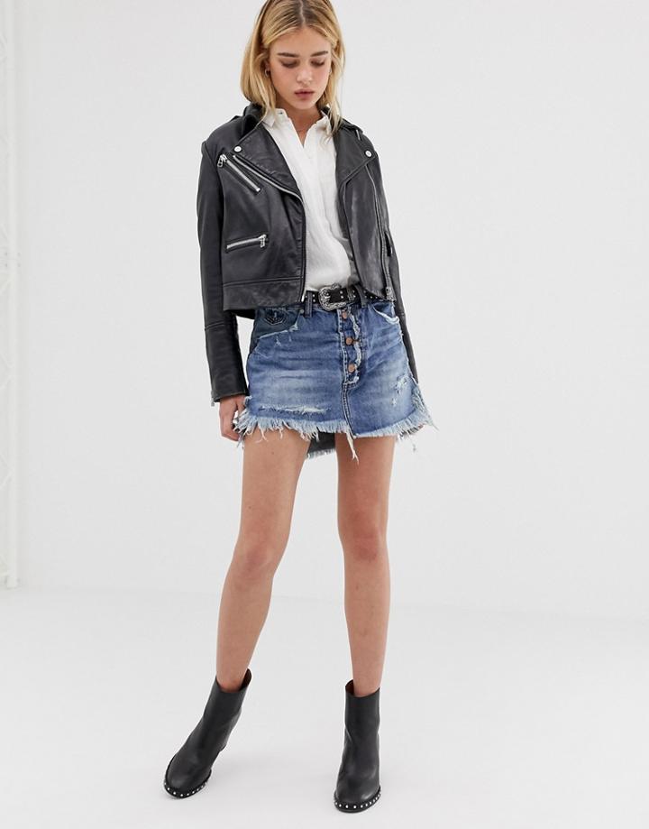 One Teaspoon Exposed Button Denim Skirt With Raw Hem - Blue