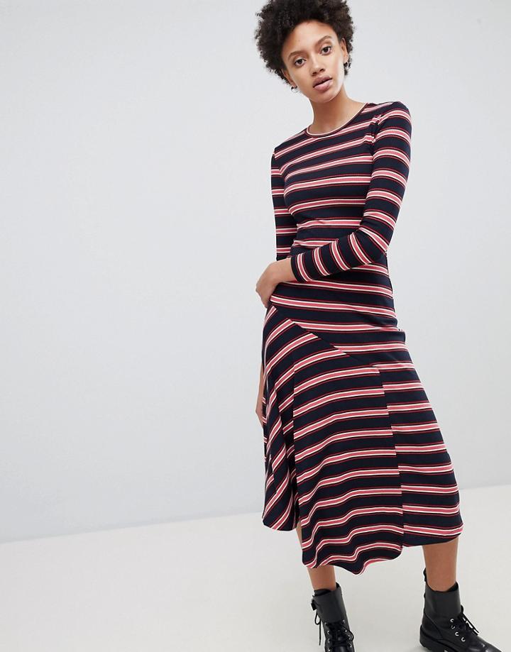 Stradivarius Stripe Ribbed Midi Dress - Navy