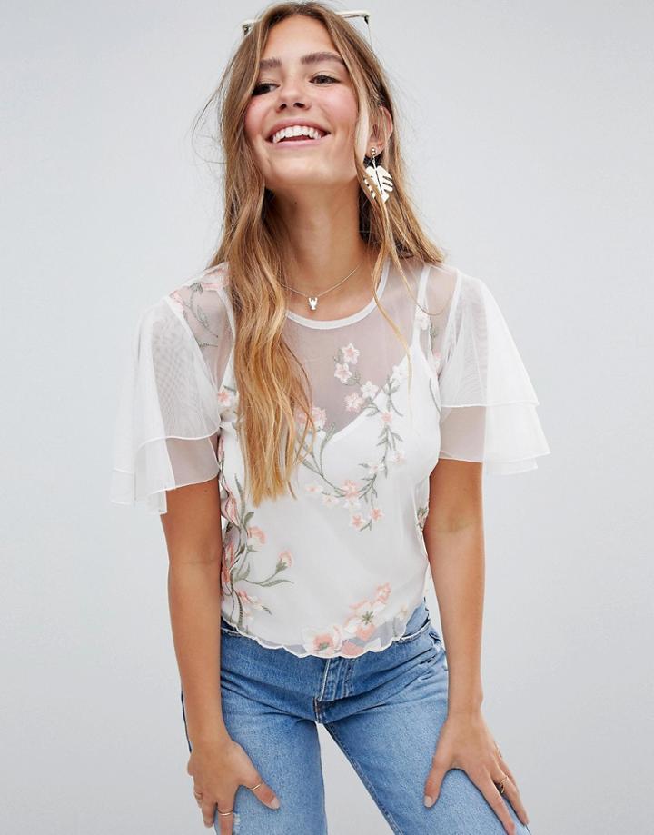 Asos Design Angel Sleeve Embroidered Shell Top With Cami - Cream