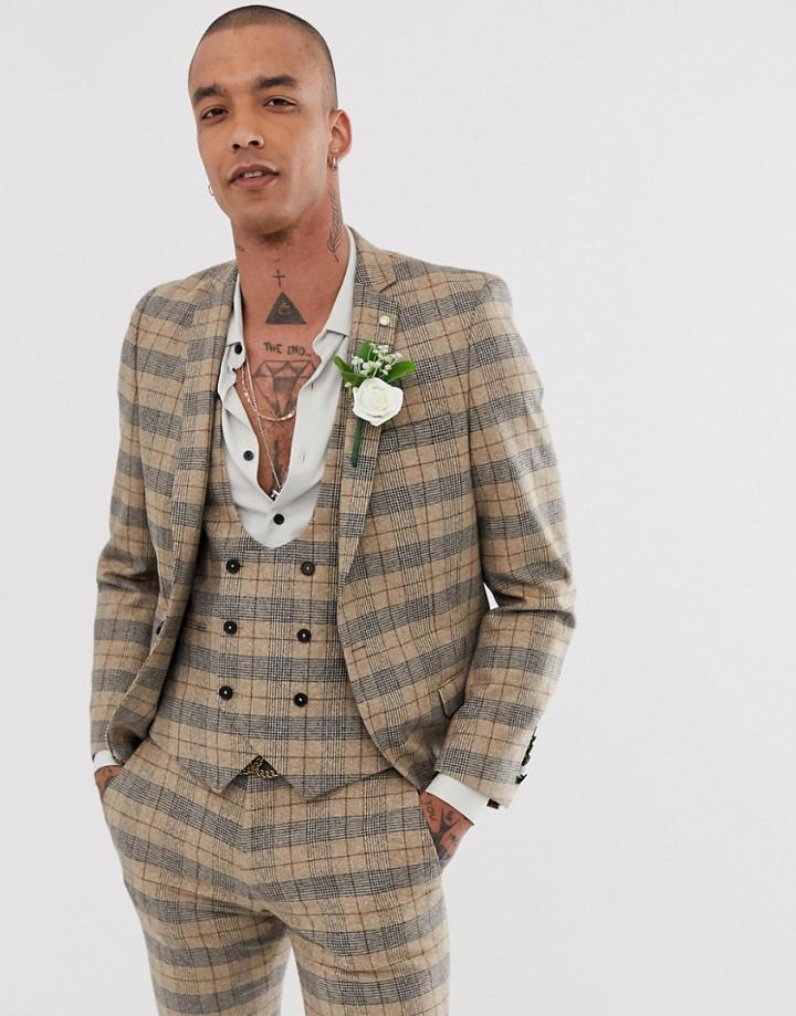 Twisted Tailor Super Skinny Wedding Suit Jacket With Chain In Heritage Brown Check-tan