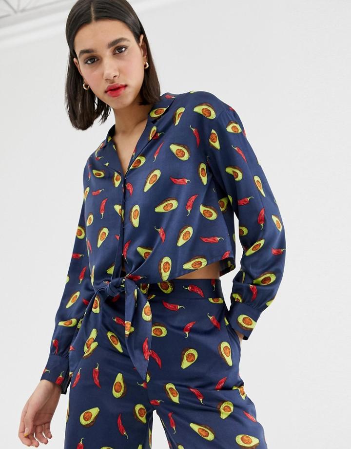 Neon Rose Tie Front Shirt With Revere Collar In Avocado Print Satin Two-piece-navy