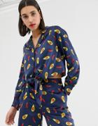 Neon Rose Tie Front Shirt With Revere Collar In Avocado Print Satin Two-piece-navy
