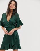 Ax Paris Satin Frill Detail Mini Dress - Green