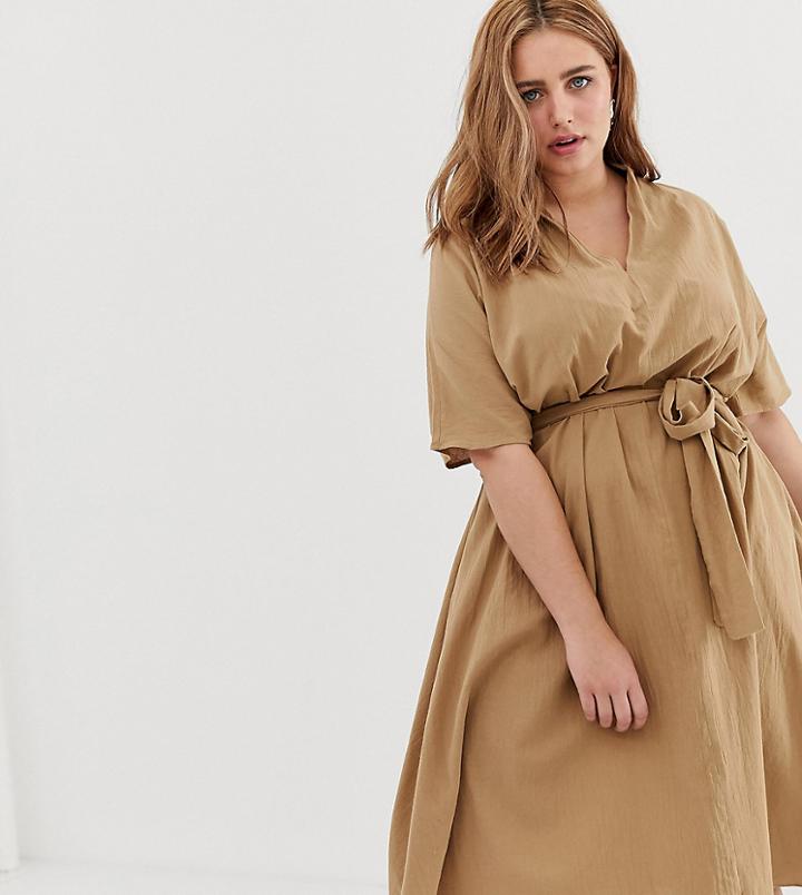 Glamorous Curve Midi Dress With Belt Tie And Kimono Sleeves-beige