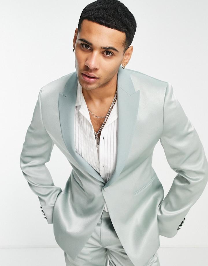 Asos Design Skinny High Shine Suit Jacket In Sage Green