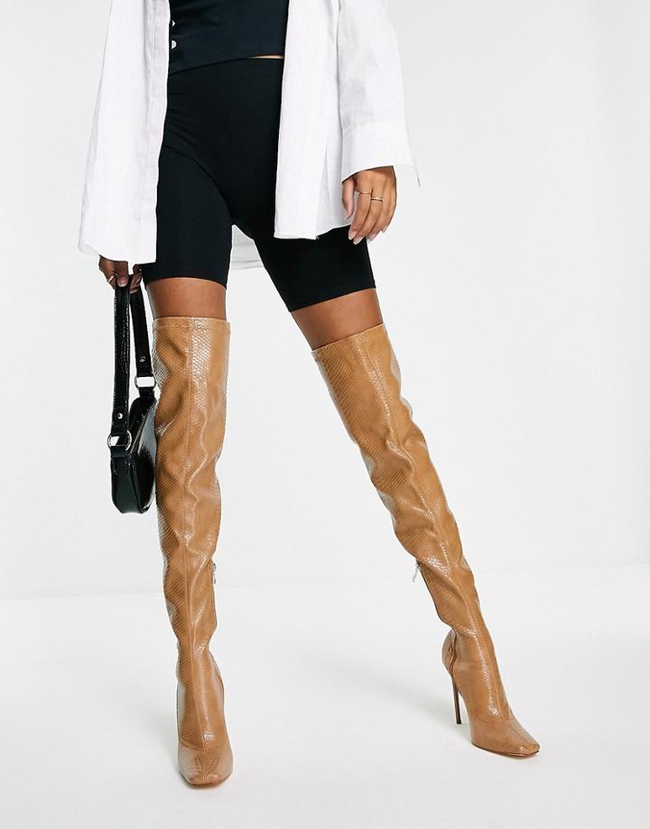 Simmi London Stiletto Heel Thigh High Boot In Camel Snake-neutral