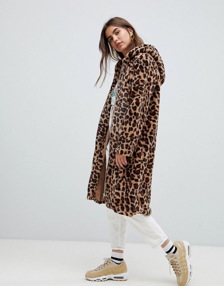 Daisy Street Coat In Leopard Faux Fur - Brown