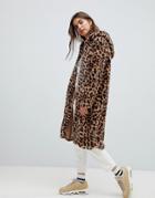 Daisy Street Coat In Leopard Faux Fur - Brown