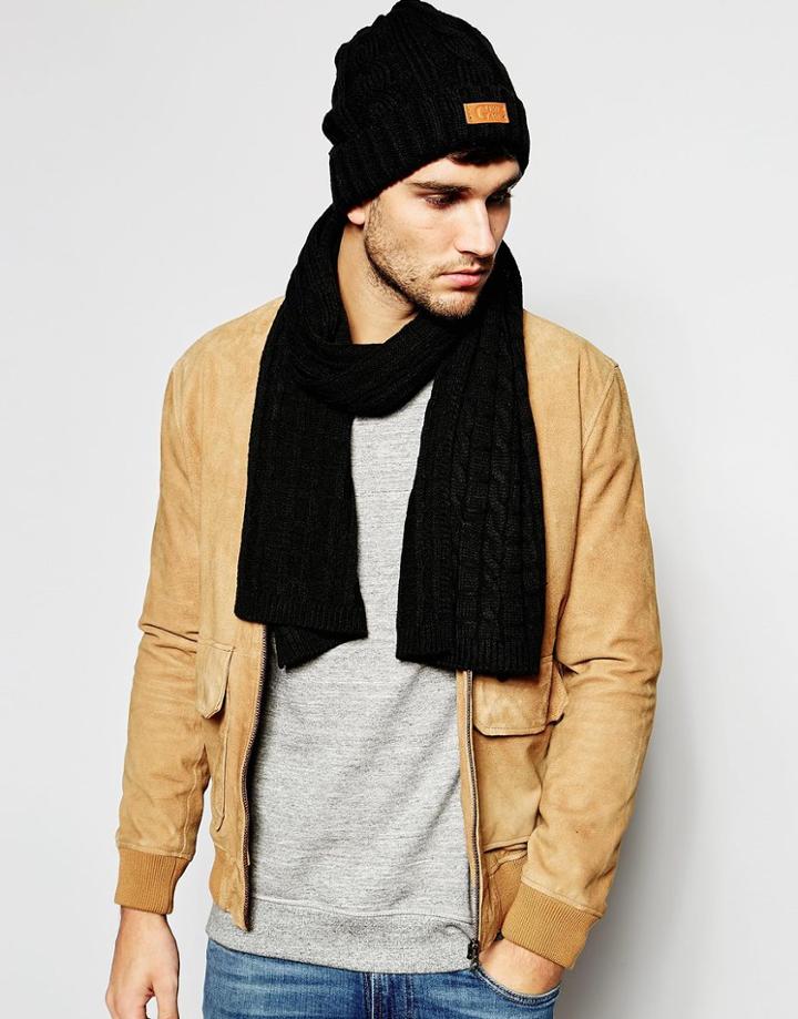 7x Cable Beanie Hat And Scarf Set - Black