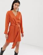 Weekday Wrap Front Dress In Dark Orange - Orange