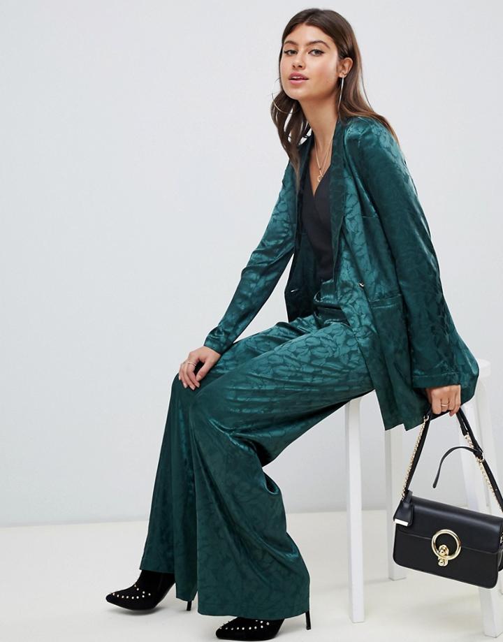Prettylittlething Satin Jacquard Wide Leg Trouser In Green - Green