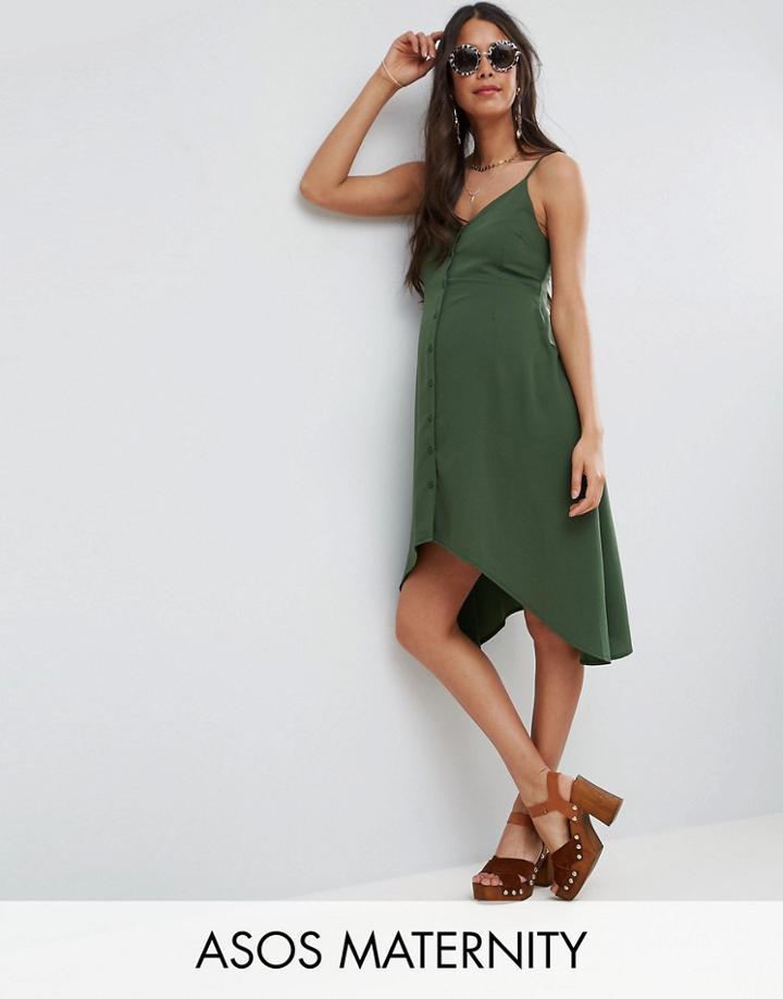 Asos Maternity Button Through Mini Sun Dress With Dipped Hem - Green