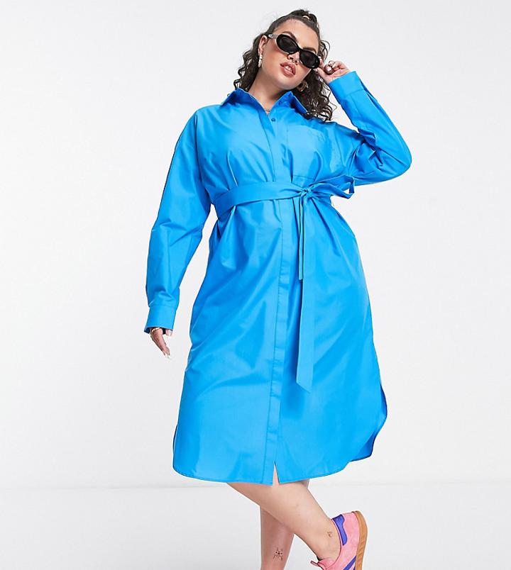 Asos Design Curve Edit Midi Shirt Dress With Detachable Belt In Bright Blue