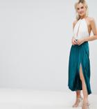 Asos Petite Exclusive Satin Pleated Midi Skirt With Splices - Green