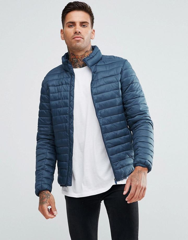 Pull & Bear Quilted Jacket In Navy - Navy