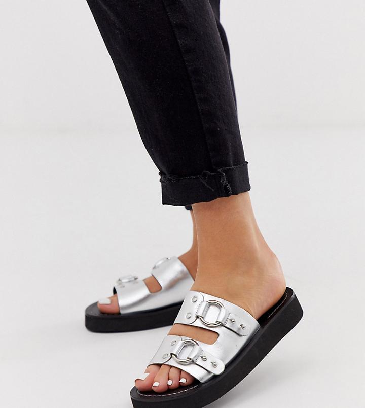 Asos Design Wide Fit Ficton Leather Hardware Flat Sandals In Silver