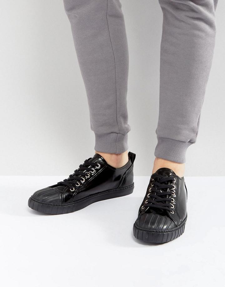 Asos Lace Up Sneakers In Black Patent With Toe Cap - Black
