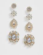 Asos Design Pack Of 4 Crystal Jewel Stud Earrings In Gold Tone