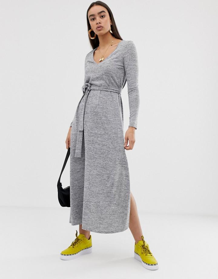 Asos Design V Neck Belted Maxi Dress In Gray Marl - Gray