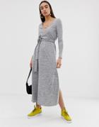 Asos Design V Neck Belted Maxi Dress In Gray Marl - Gray