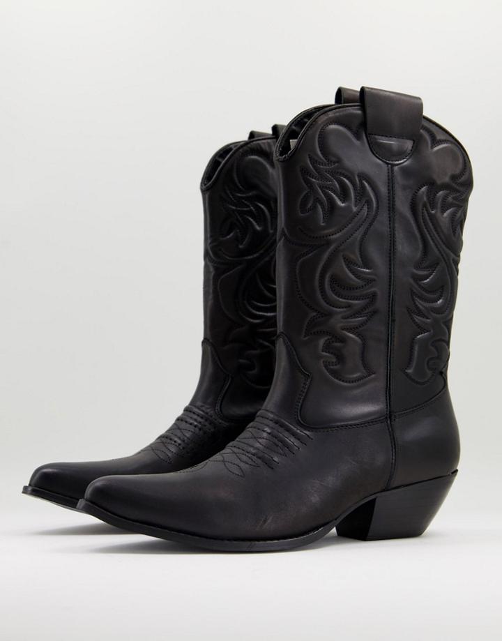 Asos Design Heeled Western Cowboy Boots In Black Leather With Black Sole