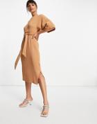 Closet London Ribbed Pencil Midi Dress In Camel-brown