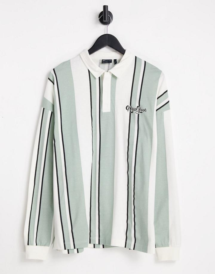 Asos Design Oversized Long Sleeve Polo T-shirt In Green Stripe With New York Print