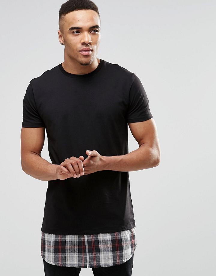 Asos Super Longline T-shirt With Check Shirt Hem In Black - Black