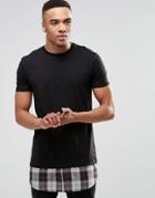 Asos Super Longline T-shirt With Check Shirt Hem In Black - Black