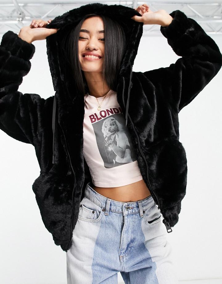 Pull & Bear Faux Fur Jacket With Hood In Black