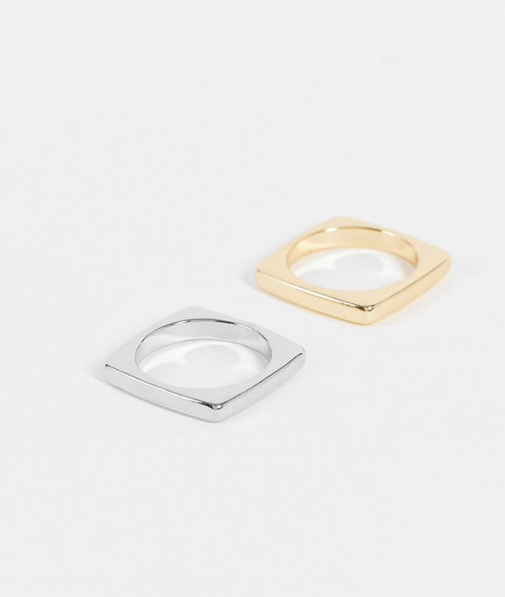 Asos Design 2 Pack Stacked Band Ring Set In Silver And Gold Tone-multi