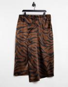 Topshop Satin Animal Print Midi Skirt In Tan-brown