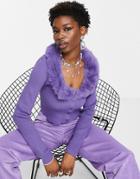 Weekday Furry Recycled Faux Fur Collar Cardigan In Purple