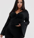 Koco & K Plus Knot Front Top With Bell Sleeve In Black - Black
