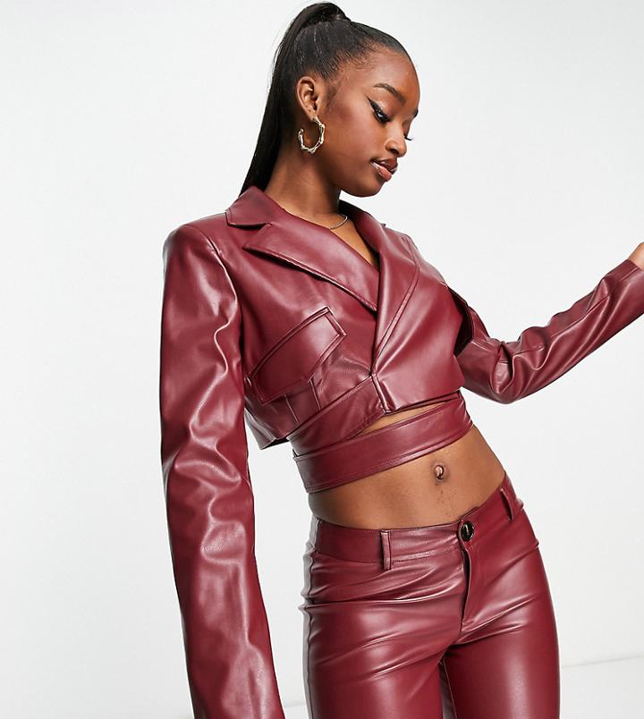 Asyou Pu Cropped Blazer With Buckle Detail In Wine-red
