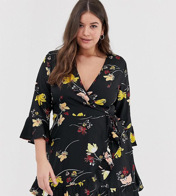 Influence Plus Floral Wrap Mini Dress - Black