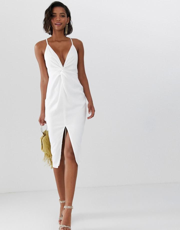 Asos Design Midi Strappy Cami Dress With Knot Front Plunge In Satin-white