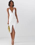 Asos Design Midi Strappy Cami Dress With Knot Front Plunge In Satin-white