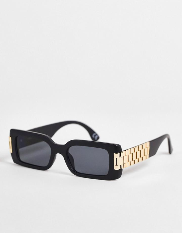 Asos Design Rectangle Sunglasses In Matte Black With Chain Detail And Black Lens