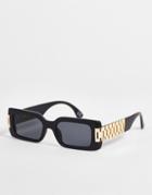 Asos Design Rectangle Sunglasses In Matte Black With Chain Detail And Black Lens