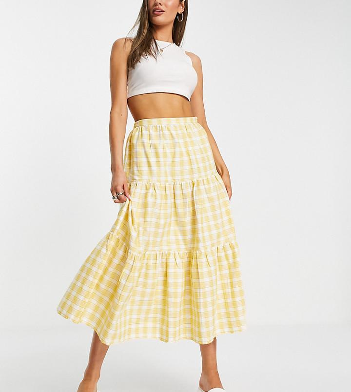 People Tree Tiered Midi Picnic Skirt In Organic Cotton Yellow Check