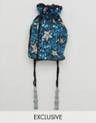 From St Xavier X How To Live Hand Beaded Drawstring Blue Star Cross Body Bag - Blue