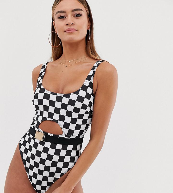 Wolf & Whistle Fuller Bust Exclusive Eco Cut Out Swimsuit In Checkerboard D - F Cup - Black