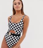 Wolf & Whistle Fuller Bust Exclusive Eco Cut Out Swimsuit In Checkerboard D - F Cup - Black