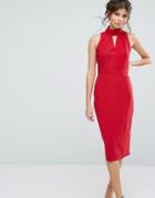 Closet High Neck Midi Dress With Keyhole Detail - Red